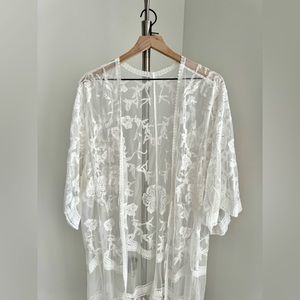 White Floral Embroidery Swim Coverup